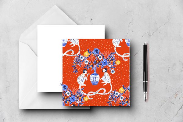 25 Red Parasol Monkeys Note Cards Abulafia