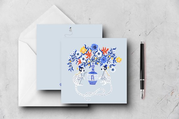 25 Blue Parasol Monkeys Note Cards Blau